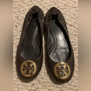 Tory Burch Dark Brown Leather Logo Ballet Flats with Gold Medallion